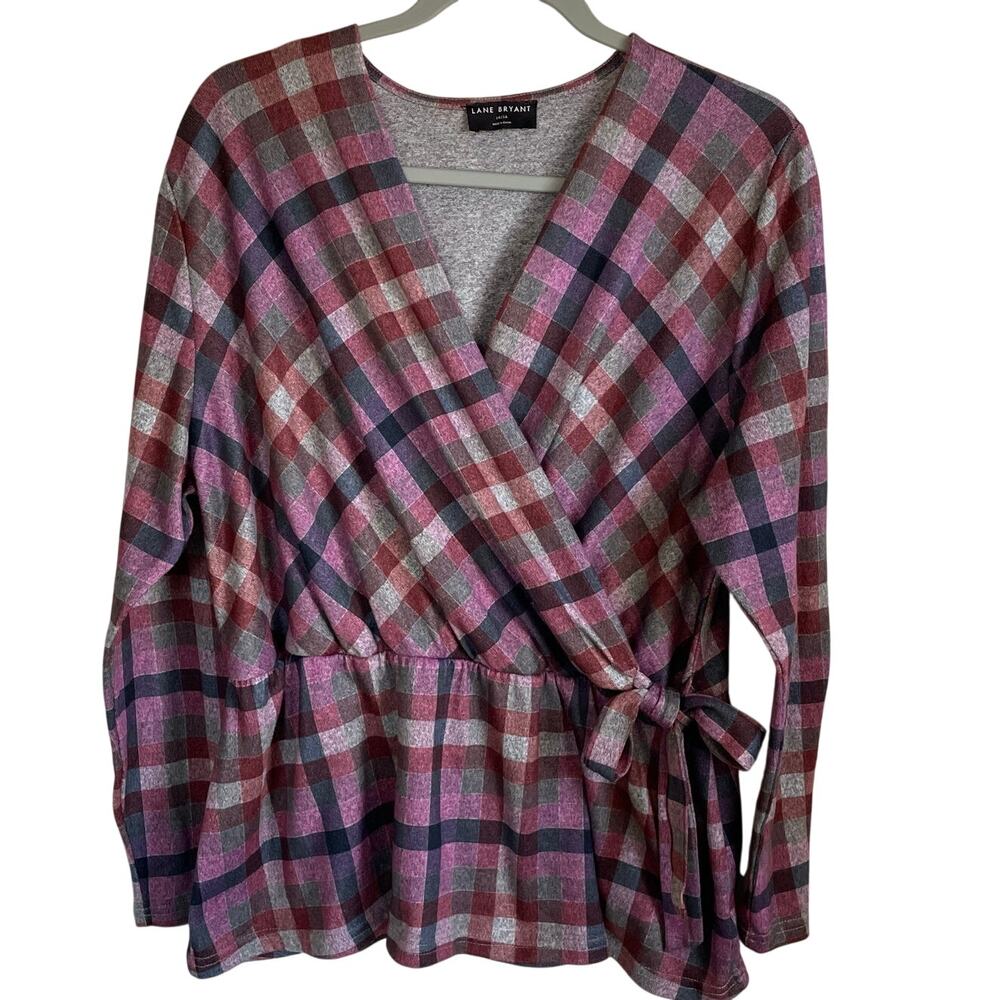 Lane Bryant Plaid Faux Wrap Blouse Top Sz 14/16 V-Neck Side Tie Long Sleeves